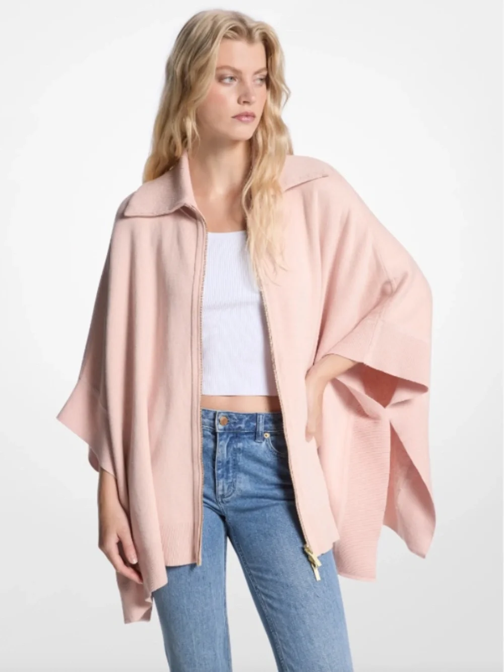 Michael Kors Monogram Riversable Knit Zip Poncho Cape Sweater Powder Blush NWT